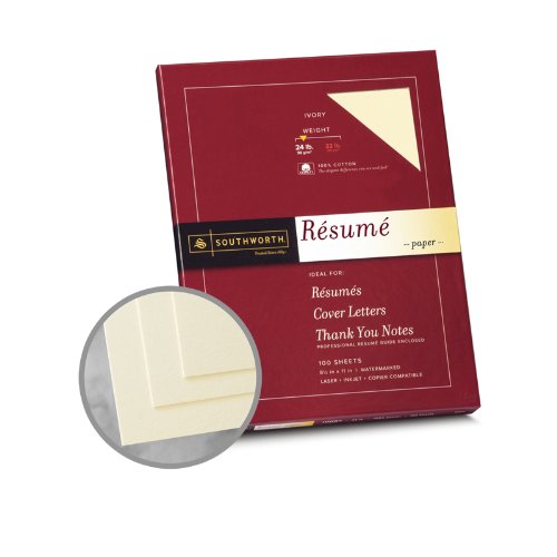 Southworth Resume 100% Cotton Ivory Paper - 8 1/2 x 11 in 24 lb Bond Wove 100% Cotton Watermarked 100 per Package