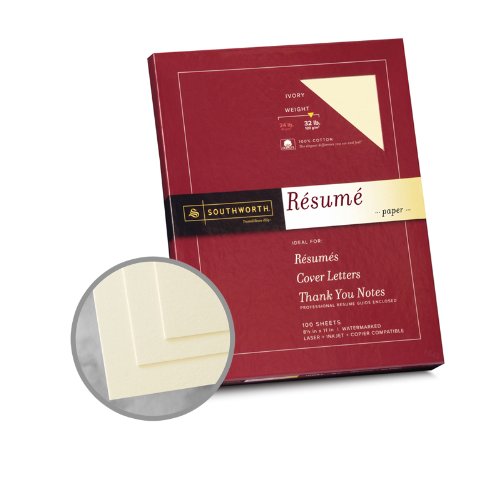 Southworth Resume 100% Cotton Ivory Paper - 8 1/2 x 11 in 32 lb Bond Wove 100% Cotton 100 per Package