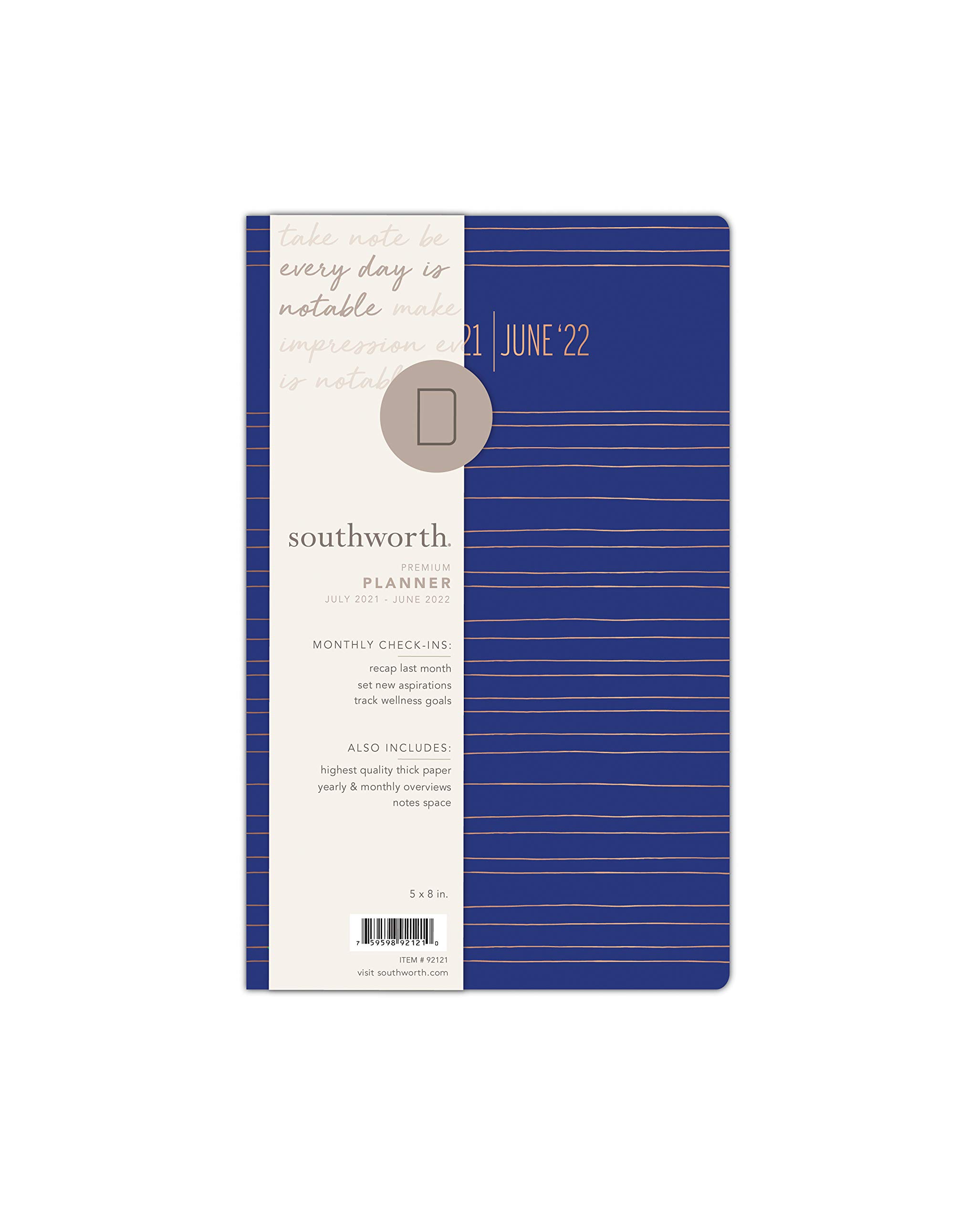 Southworth Academic Planner (July 2021-June 2022), 5" x 8", Cobalt Metallic Stripe, 28 lb./105 gsm Paper, Medium Flex (92121)