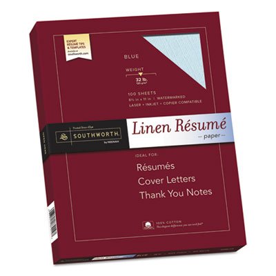 100% Cotton Linen Resume Paper, Blue, 32 lbs., 8-1/2 x 11, 100/Box