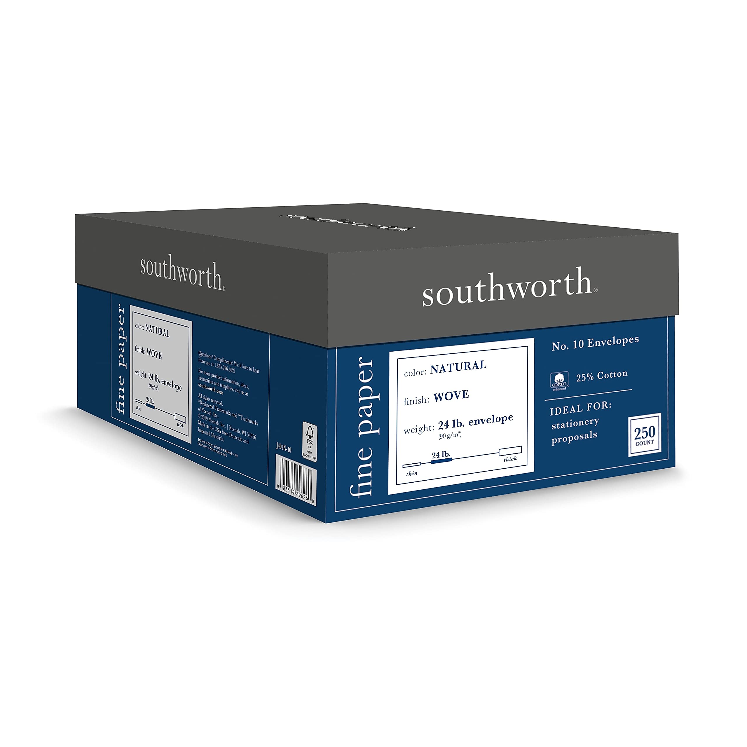 Southworth J404N10 25% Cotton #10 Business Envelope Natural 24 lbs. Wove 250/Box FSC