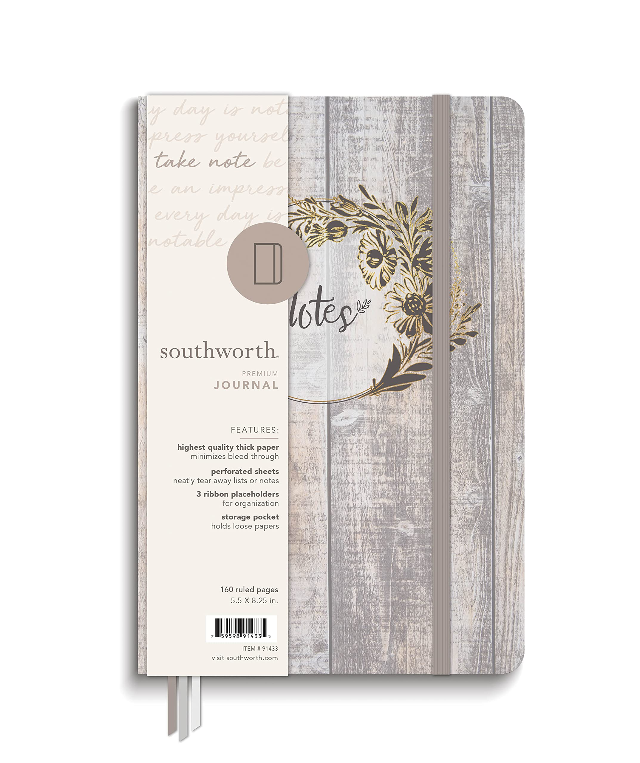 Southworth Medium Case Bound Journal, 5.5" x 8.25", Rustic Bronze Wreath Design, Premium 28 lb/105 gsm Paper, 160 Lined Sheets (91433)