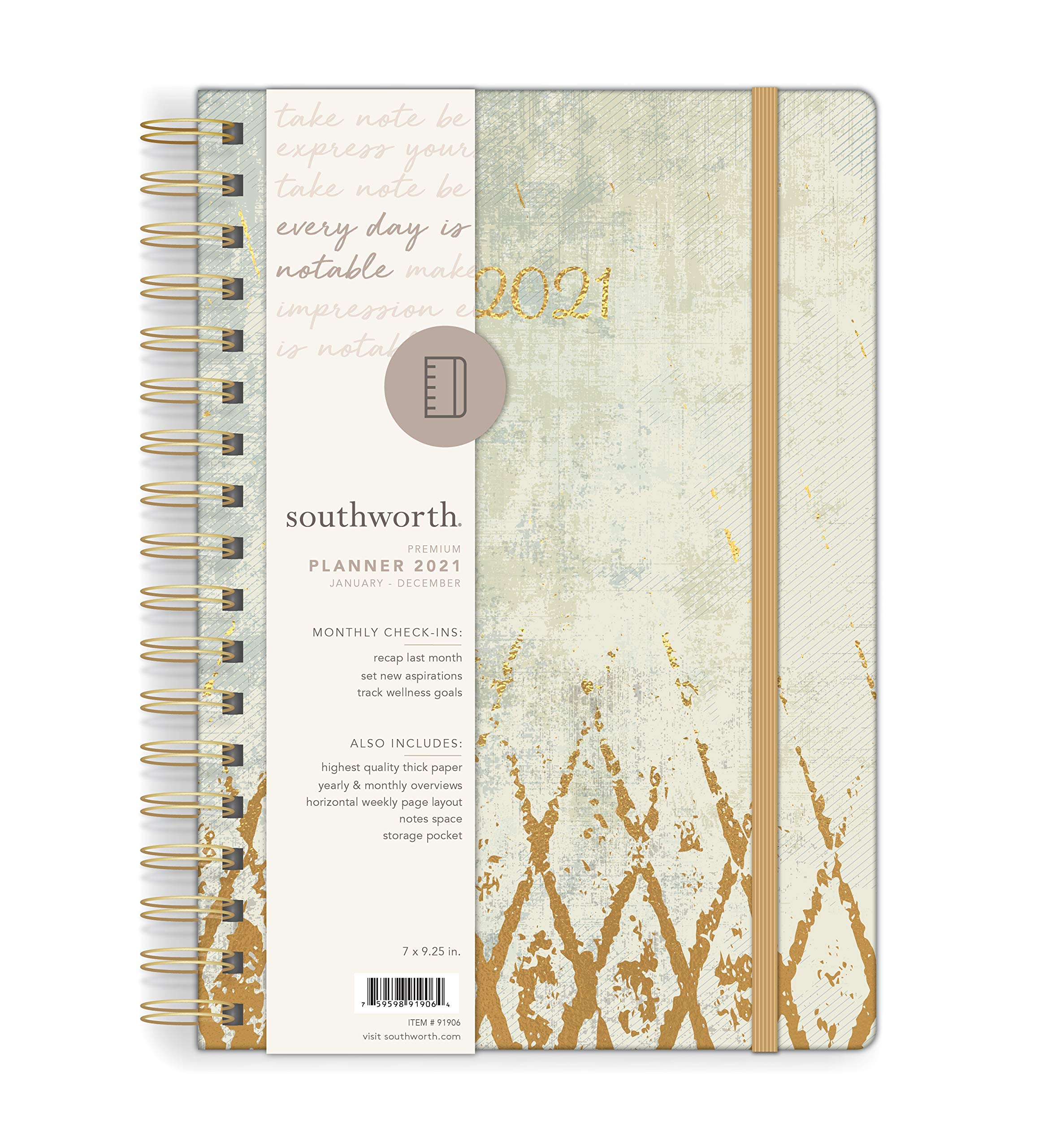 Southworth 2021 Yearly Planner (January, 2021-December, 2021), Monthly and Yearly Planner, 7”x9.25”, Weathered Gold Weave, Premium 28lb/105gsm Paper, Twin Wire, 82 Sheets/164 Pages (91906)