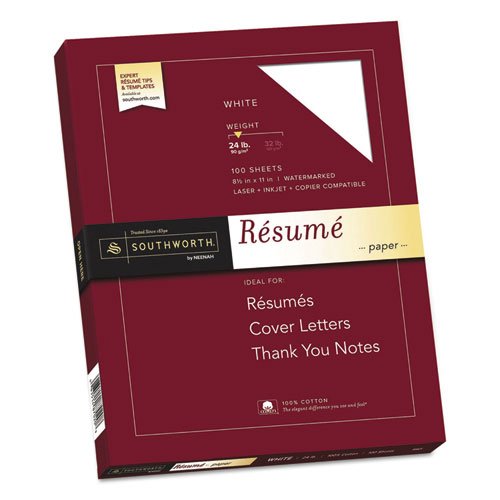 Southworth Resume Paper - Letter - 8.5'' x 11'' - 24lb - Recycled - Wove - 100 / Box - White