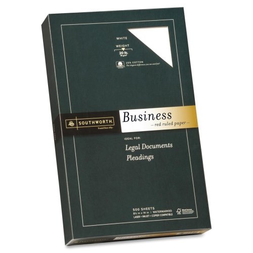 Southworth Red Ruled Business Paper - For Inkjet, Laser Print - Legal - 8.50" x 14" - 20 lb - Recycled - Wove - 500 / Box - White