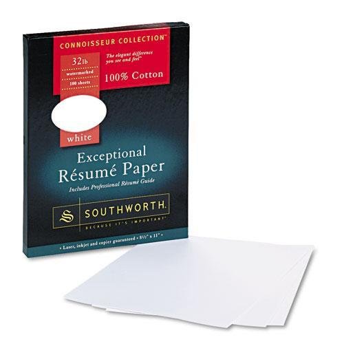 SOUTHWORTH COMPANY RD18CF 100% Cotton Resume Paper, White, 32 lbs., 8-1/2 x 11, Wove, 100/Box