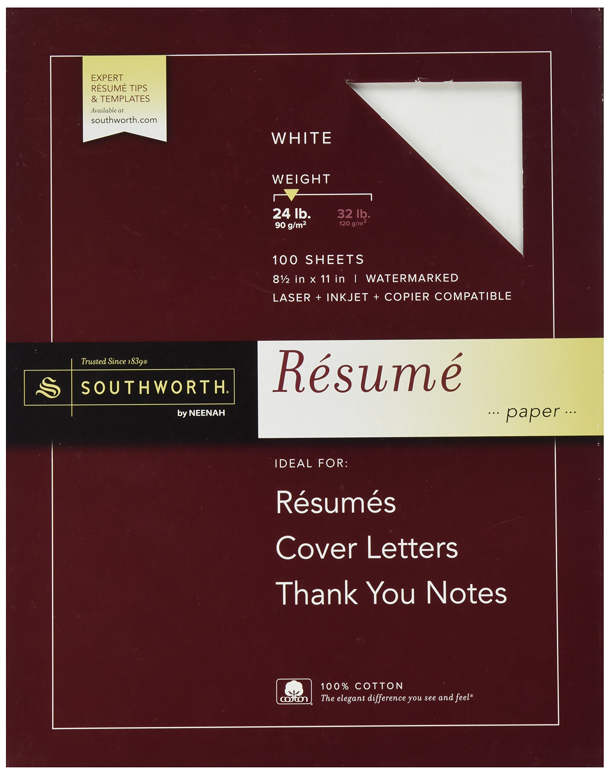 Southworth 100% Cotton Resume Paper, White, 24 lbs, Wove, 8-1/2 x 11, 100/Box