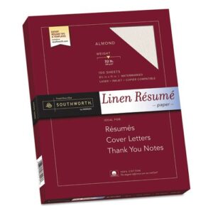 southworth products - southworth - 100% cotton premium linen résumé paper, 32 lbs., 8-1/2 x 11, almond, 100/box - sold as 1 each - elegant texture of linen gets your résumé noticed. - water-marked and date-coded. - acid- and lignin-free for archival quali