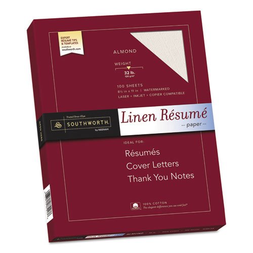 Southworth Products - Southworth - 100% Cotton Premium Linen Résumé Paper, 32 lbs., 8-1/2 x 11, Almond, 100/Box - Sold As 1 Each - Elegant texture of linen gets your résumé noticed. - Water-marked and date-coded. - Acid- and lignin-free for archival quali