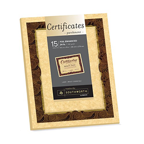 Southworth Foil-Enhanced Parchment Certificates, 8.5" x 11", 24 lb/90 GSM, Gold Foil, Paisley Design, Brown,15 Count - Packaging May Vary (98868)