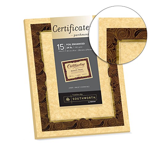 Southworth Foil-Enhanced Parchment Certificates, 8.5" x 11", 24 lb/90 GSM, Gold Foil, Paisley Design, Brown,15 Count - Packaging May Vary (98868)