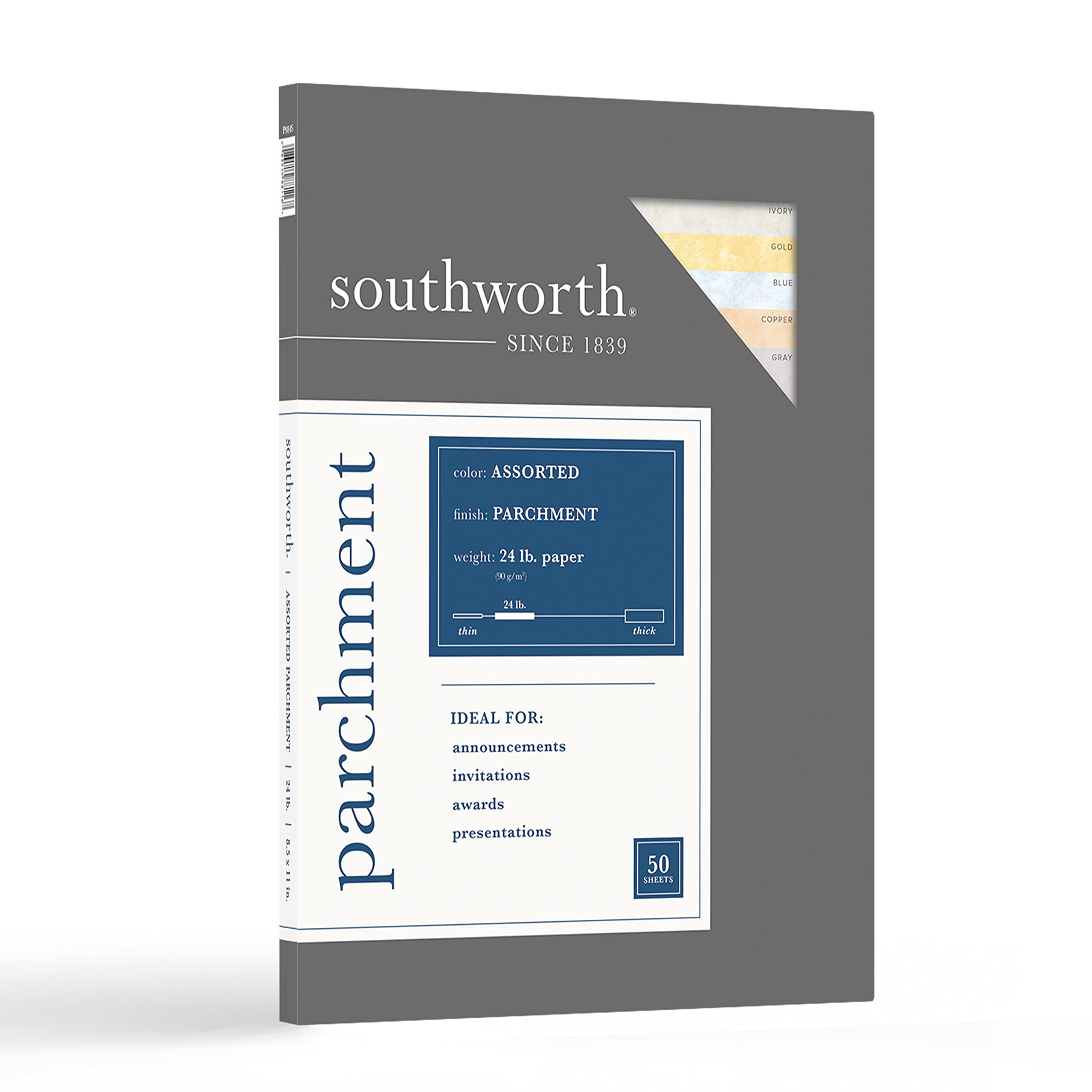 Southworth Parchment Paper, 8.5" x 11", 24 lb., Parchment Finish, Assorted Colors, 50 Sheets (P984S)