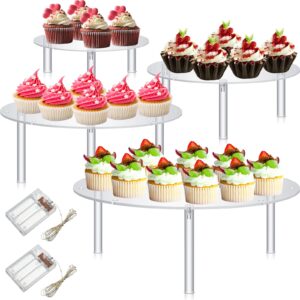 4 Pieces Round Acrylic Cake Stand for Dessert Table, Clear Cupcake Display Stand, 4 Tier Risers Pizza Holder with LED Light String for Wedding Birthday Party, 4 Sizes