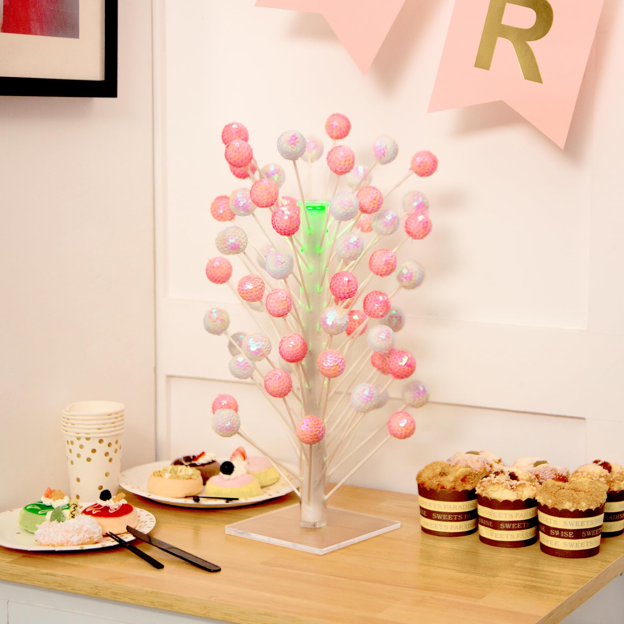 VREASK Acrylic Cake Pop Stand with Led Light, 60 Hole Lollipop Holder Display, Clear White Tower Tree Sucker Sticks Rack for Dessert Table, Birthday Party ,Wedding Parties,Candy Bar