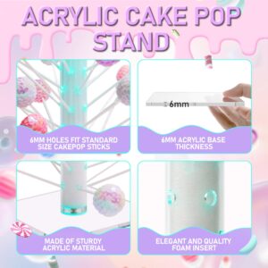 VREASK Acrylic Cake Pop Stand with Led Light, 60 Hole Lollipop Holder Display, Clear White Tower Tree Sucker Sticks Rack for Dessert Table, Birthday Party ,Wedding Parties,Candy Bar