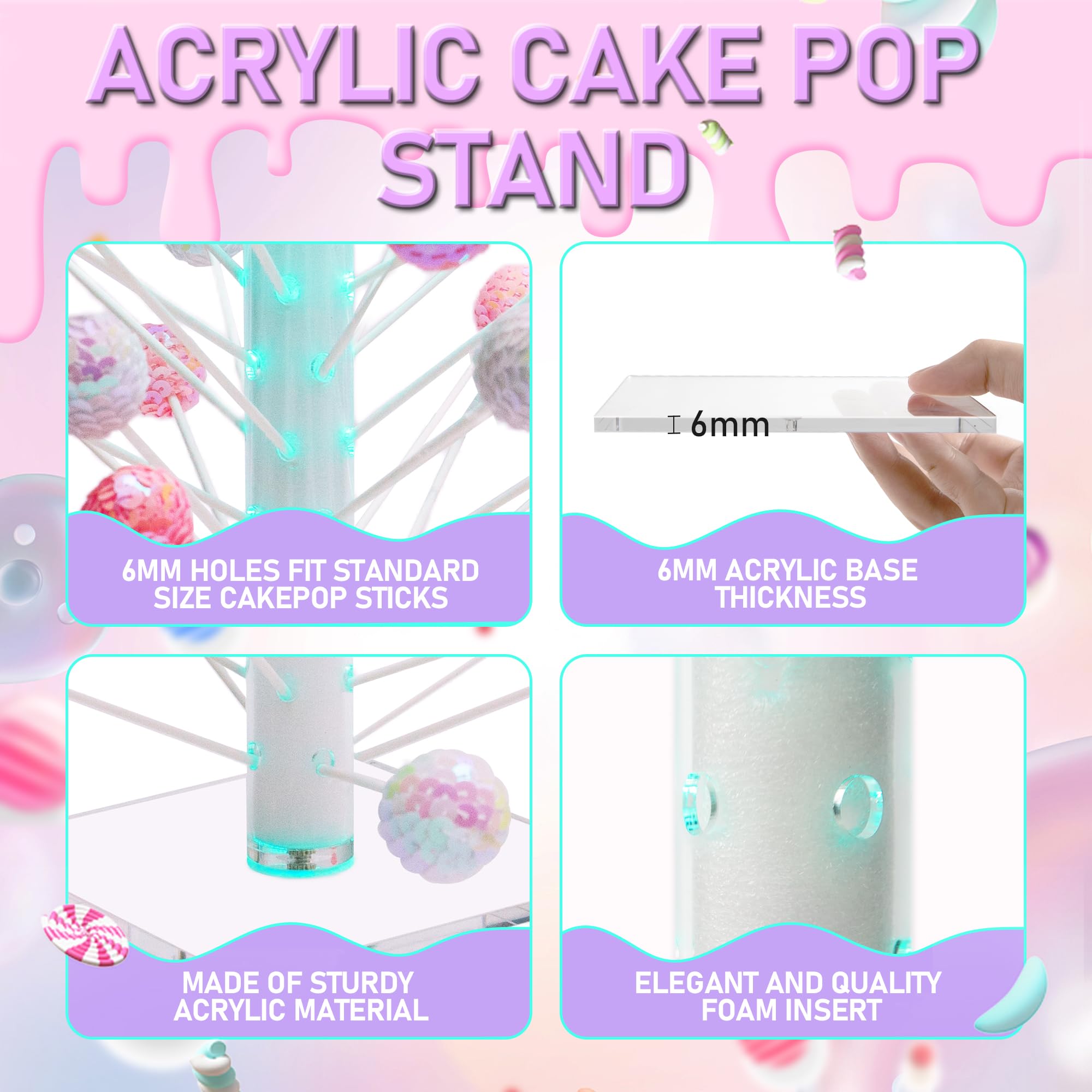 VREASK Acrylic Cake Pop Stand with Led Light, 60 Hole Lollipop Holder Display, Clear White Tower Tree Sucker Sticks Rack for Dessert Table, Birthday Party ,Wedding Parties,Candy Bar