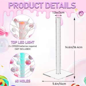 VREASK Acrylic Cake Pop Stand with Led Light, 60 Hole Lollipop Holder Display, Clear White Tower Tree Sucker Sticks Rack for Dessert Table, Birthday Party ,Wedding Parties,Candy Bar