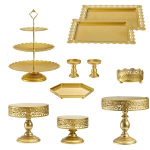 Jucoan 10 Pieces Gold Metal Cake Stand Set, Cupcake Holder Pastry Candy Fruits Serving Plate, Gold Dessert Table Stands and Trays Set for Wedding Birthday Baby Shower Bridal Party