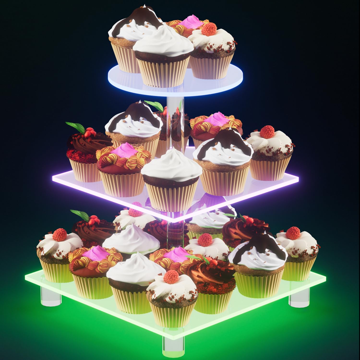 Acrylic Cupcake Stand, 3 Tier Rechargeable LED Dessert Display Stand Cupcake Tower for Halloween, Christmas,Wedding, Party, Baby Shower, and Get-Together