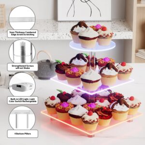 Acrylic Cupcake Stand, 3 Tier Rechargeable LED Dessert Display Stand Cupcake Tower for Halloween, Christmas,Wedding, Party, Baby Shower, and Get-Together