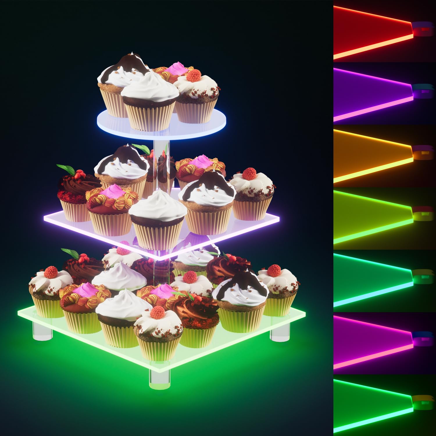 Acrylic Cupcake Stand, 3 Tier Rechargeable LED Dessert Display Stand Cupcake Tower for Halloween, Christmas,Wedding, Party, Baby Shower, and Get-Together