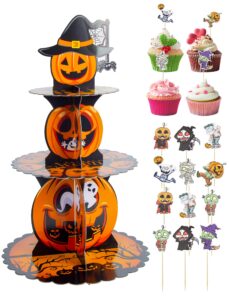 jroyjoy 3 tier halloween cupcake stand, cupcake tower with 16 pcs pumpkin cupcake toppers, cake stand for dessert table, cupcake display stand for 24 cupcakes party supplies halloween decorations