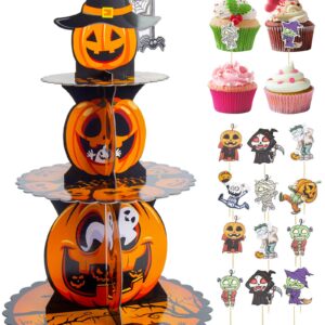 JROYJOY 3 Tier Halloween Cupcake Stand, Cupcake Tower with 16 Pcs Pumpkin Cupcake Toppers, Cake Stand for Dessert Table, Cupcake Display Stand for 24 Cupcakes Party Supplies Halloween Decorations