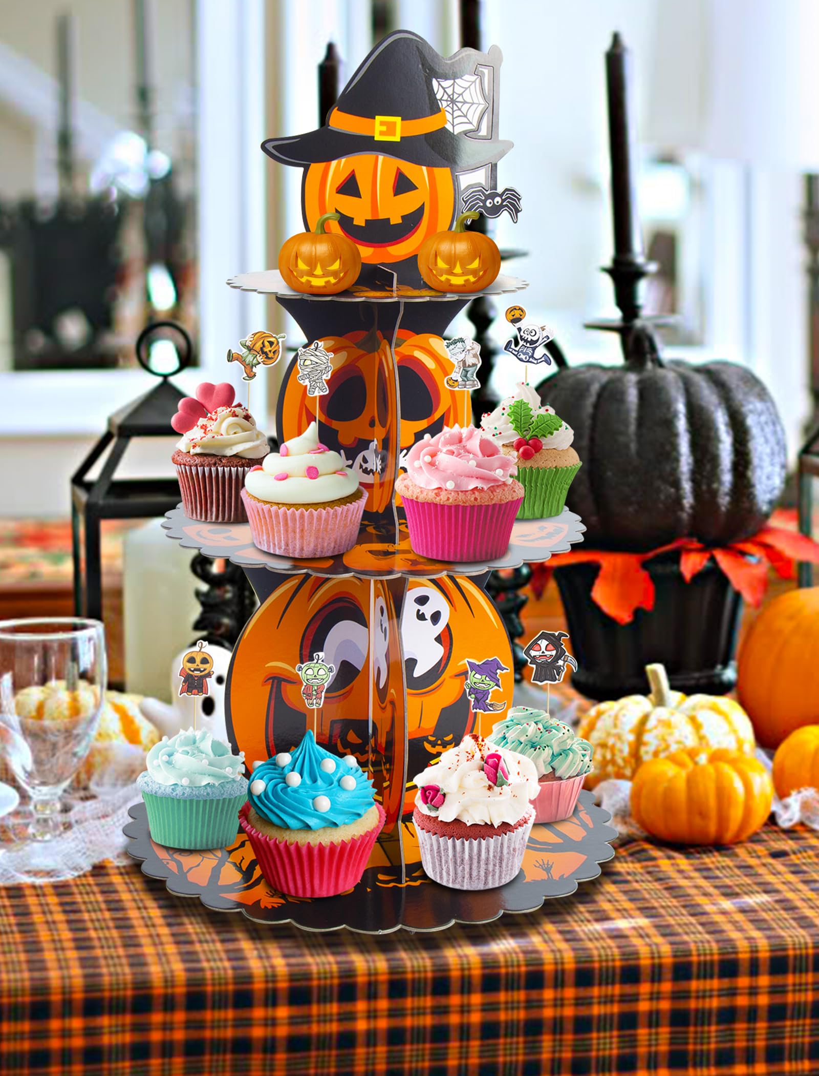 JROYJOY 3 Tier Halloween Cupcake Stand, Cupcake Tower with 16 Pcs Pumpkin Cupcake Toppers, Cake Stand for Dessert Table, Cupcake Display Stand for 24 Cupcakes Party Supplies Halloween Decorations