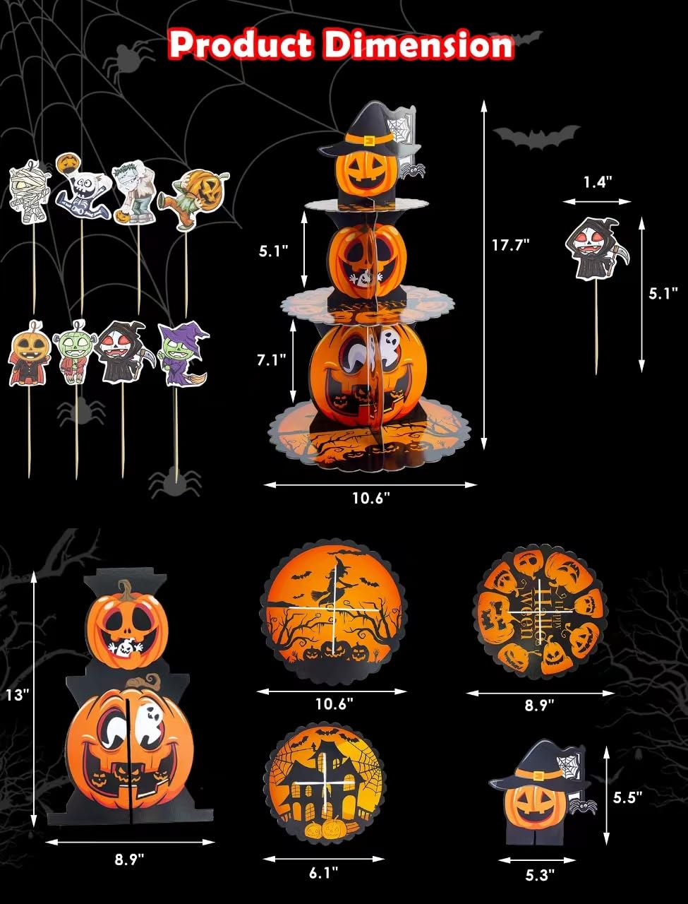 JROYJOY 3 Tier Halloween Cupcake Stand, Cupcake Tower with 16 Pcs Pumpkin Cupcake Toppers, Cake Stand for Dessert Table, Cupcake Display Stand for 24 Cupcakes Party Supplies Halloween Decorations