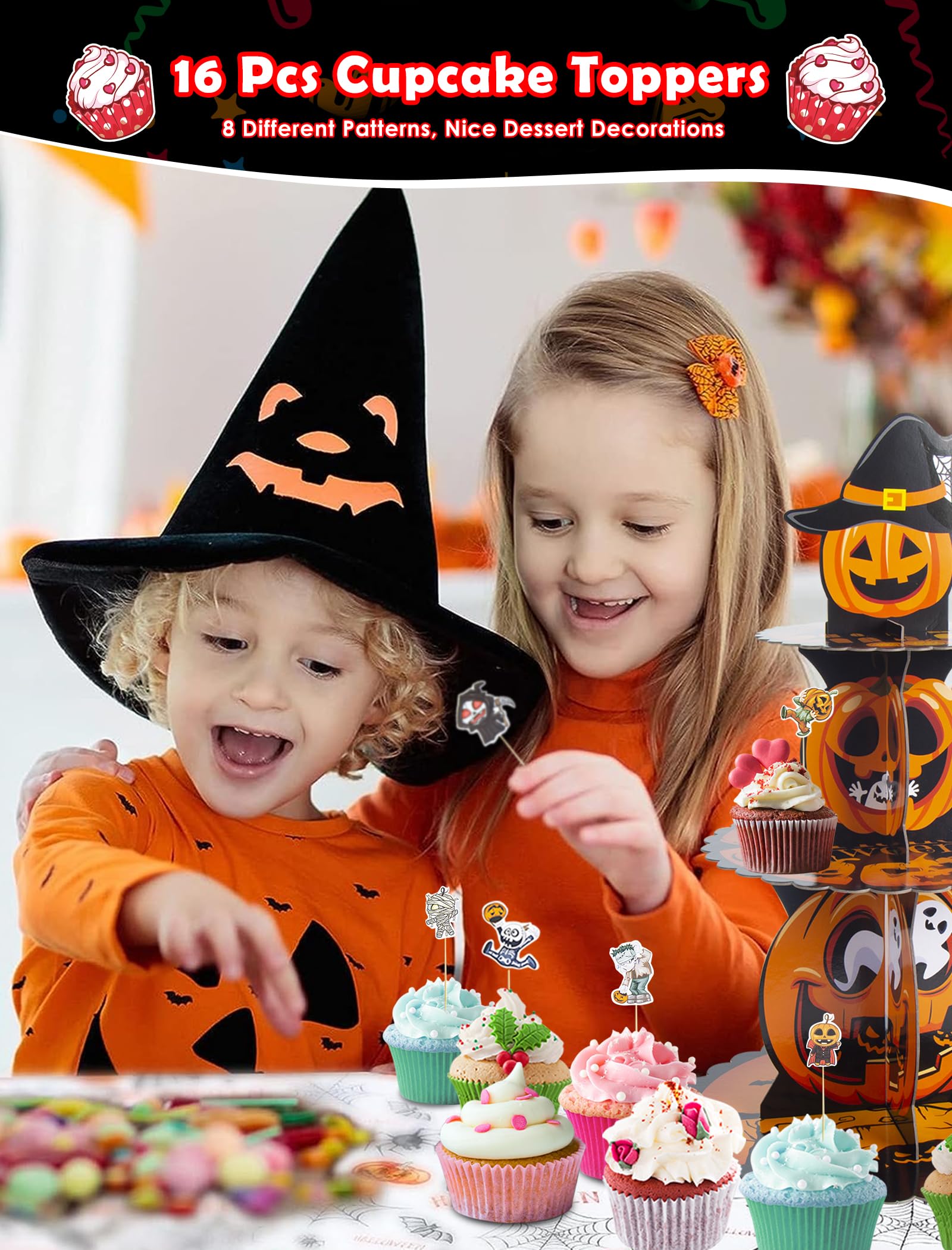 JROYJOY 3 Tier Halloween Cupcake Stand, Cupcake Tower with 16 Pcs Pumpkin Cupcake Toppers, Cake Stand for Dessert Table, Cupcake Display Stand for 24 Cupcakes Party Supplies Halloween Decorations