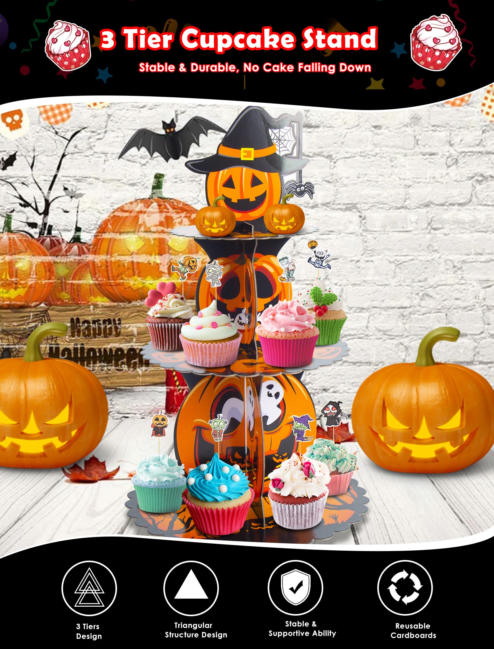 JROYJOY 3 Tier Halloween Cupcake Stand, Cupcake Tower with 16 Pcs Pumpkin Cupcake Toppers, Cake Stand for Dessert Table, Cupcake Display Stand for 24 Cupcakes Party Supplies Halloween Decorations