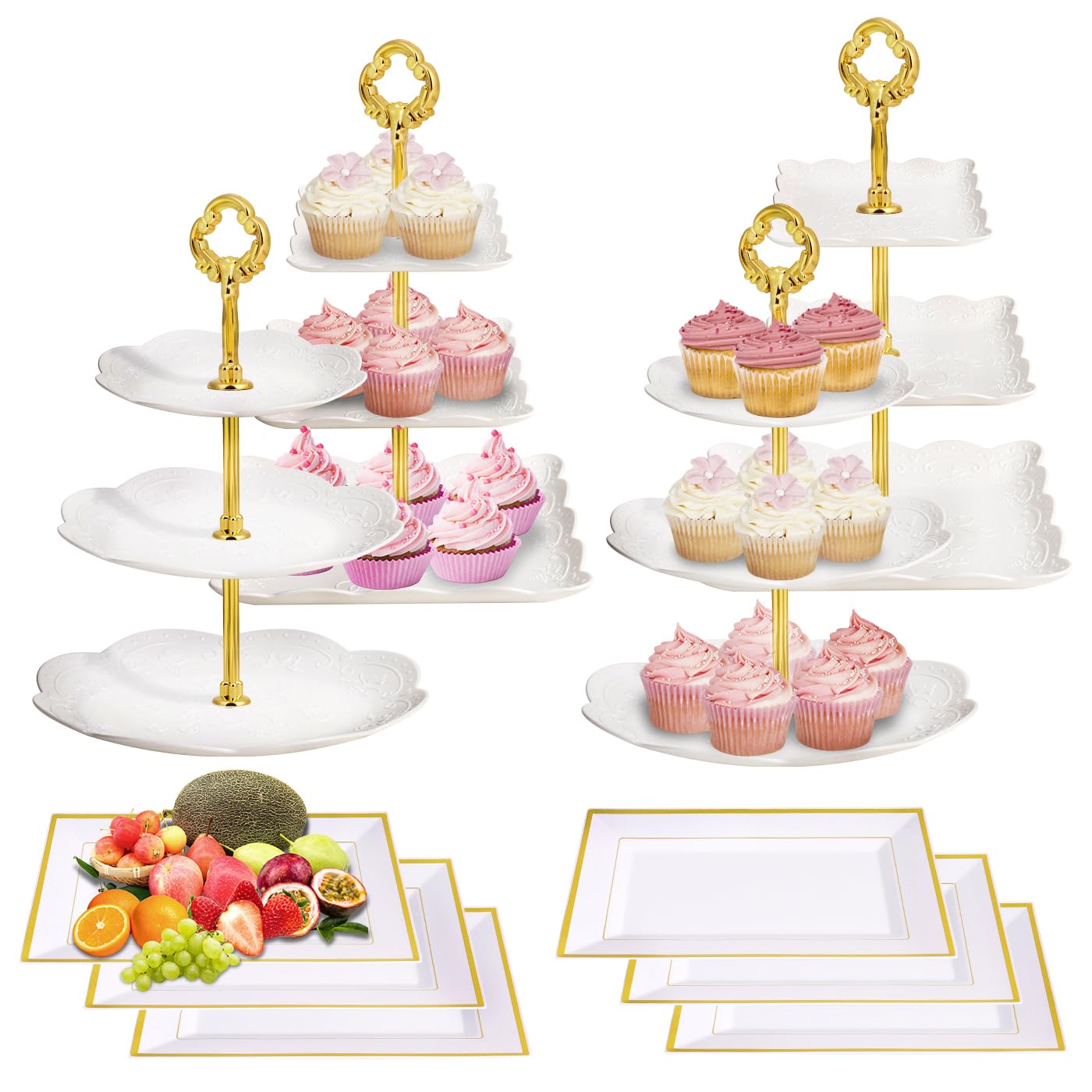 mwellewm 10 Pcs Dessert Table Stand Set 4 Pcs 3-Tier Plastic Cupcake Stands Gold Cake Stand Cookie Tray Rack Serving Tray Cake Display Tower and 6 Pcs Dessert Trays for Wedding Baby Shower Tea Party