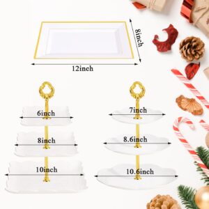 mwellewm 10 Pcs Dessert Table Stand Set 4 Pcs 3-Tier Plastic Cupcake Stands Gold Cake Stand Cookie Tray Rack Serving Tray Cake Display Tower and 6 Pcs Dessert Trays for Wedding Baby Shower Tea Party