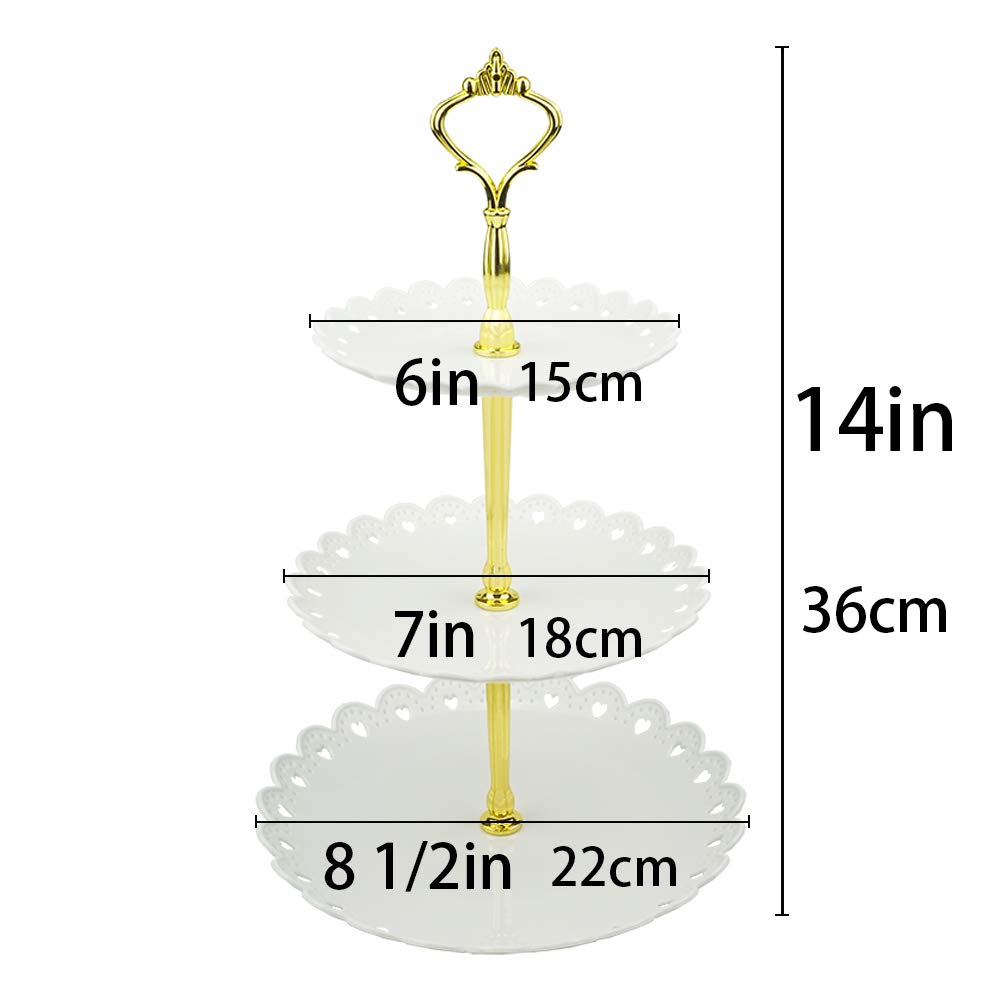 LIONWEI LIONWELI 3-Tier White Gold Plastic Dessert Stand Pastry Stand Cake Stand Cupcake Stand Holder Serving Platter for Party Wedding Home Decor