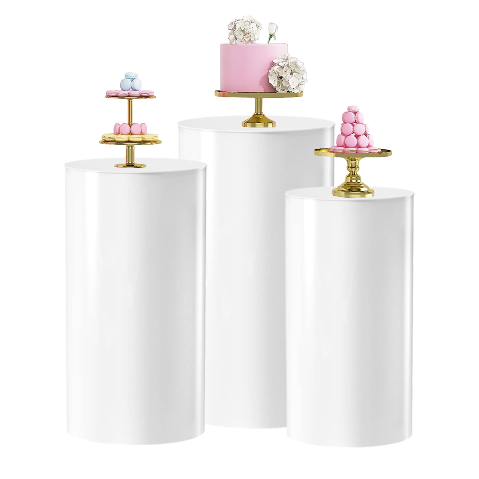 3PC Round Cylinder Pedestal Stands, Metal Pedestal Stand Cylinder Dessert Tables for Wedding Birthday Party, Wedding Centerpiece Birthday Babyshower Backdrop Decor,23.6"/21.6"/19.7" high (White-3PCS)