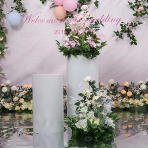 3PC Round Cylinder Pedestal Stands, Metal Pedestal Stand Cylinder Dessert Tables for Wedding Birthday Party, Wedding Centerpiece Birthday Babyshower Backdrop Decor,23.6"/21.6"/19.7" high (White-3PCS)