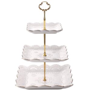 sumerflos 3-tier square porcelain cake stand, white rimmed with gold embossed cupcake dessert stand - tiered serving tray for tea party and show