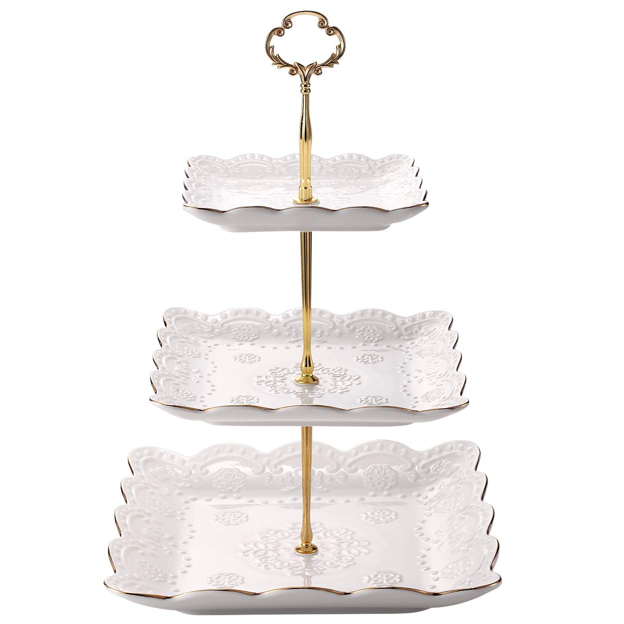Sumerflos 3-Tier Square Porcelain Cake Stand, White Rimmed with Gold Embossed Cupcake Dessert Stand - Tiered Serving Tray for Tea Party and Show