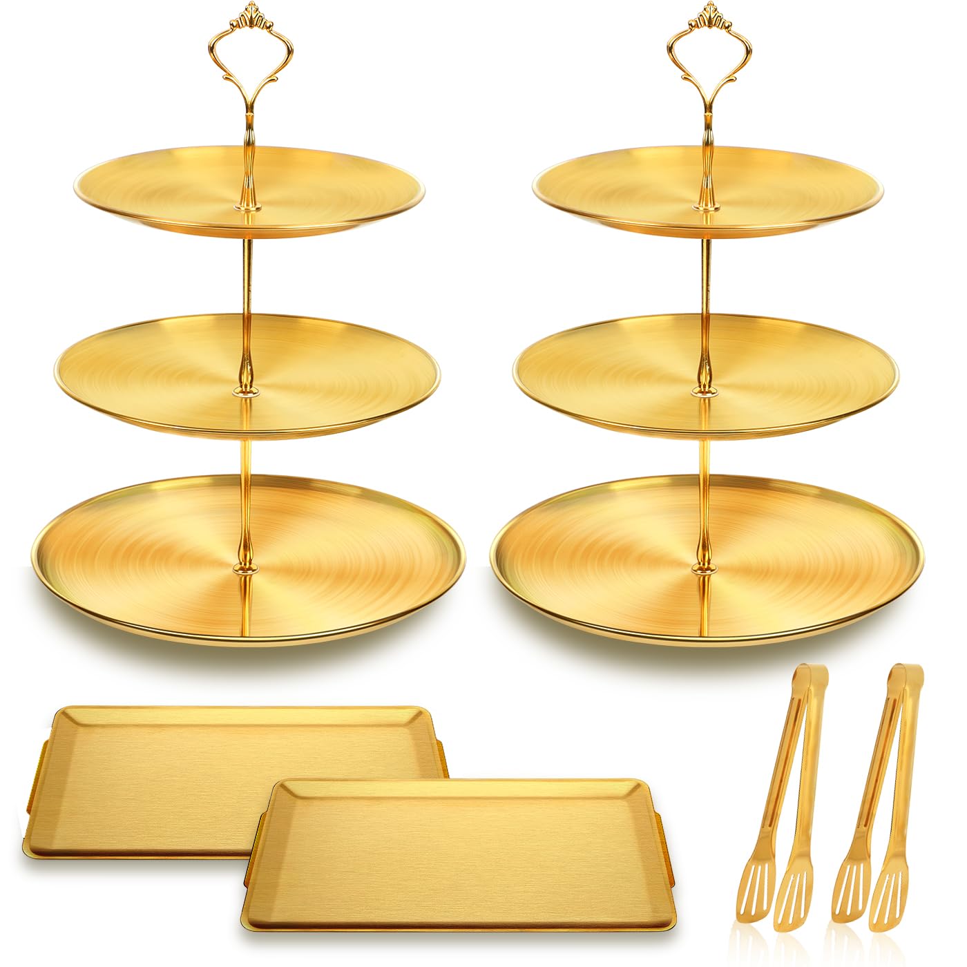 6PCS Gold Cupcake Stand Set, Stainless Steel Dessert Table Display Set, 2PCS 3-Tier Cake Stand, 2PCS Rectangle Serving Tray with Gold Serving Tongs, Candy Cupcake Tower for Wedding Birthday Party