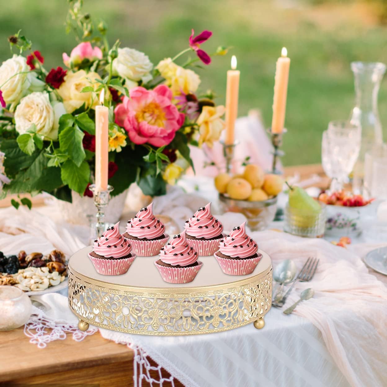 Denmer Cake Stand, Gold Metal Dessert Display, Small 8inch Treat Riser, Pedestal Champagne Round Cupcake Platter Tray for Afternoon Tea, Party, Wedding