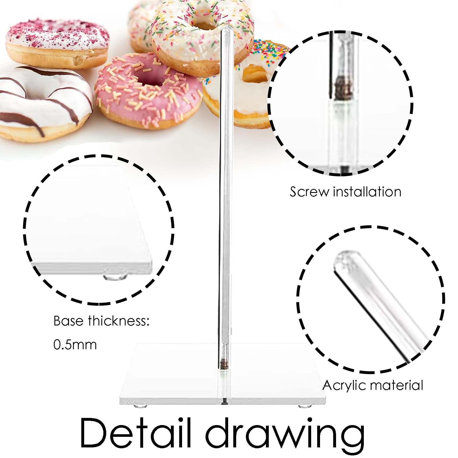 YAGELI Acrylic Donut Stand 6 Pieces,Removable Clear Donuts Display Stand Bagels Holder for Party Wedding Birthday Treat Display Corner Decor,Non-Slip Doughnut Bar 15 inch and 10 inch