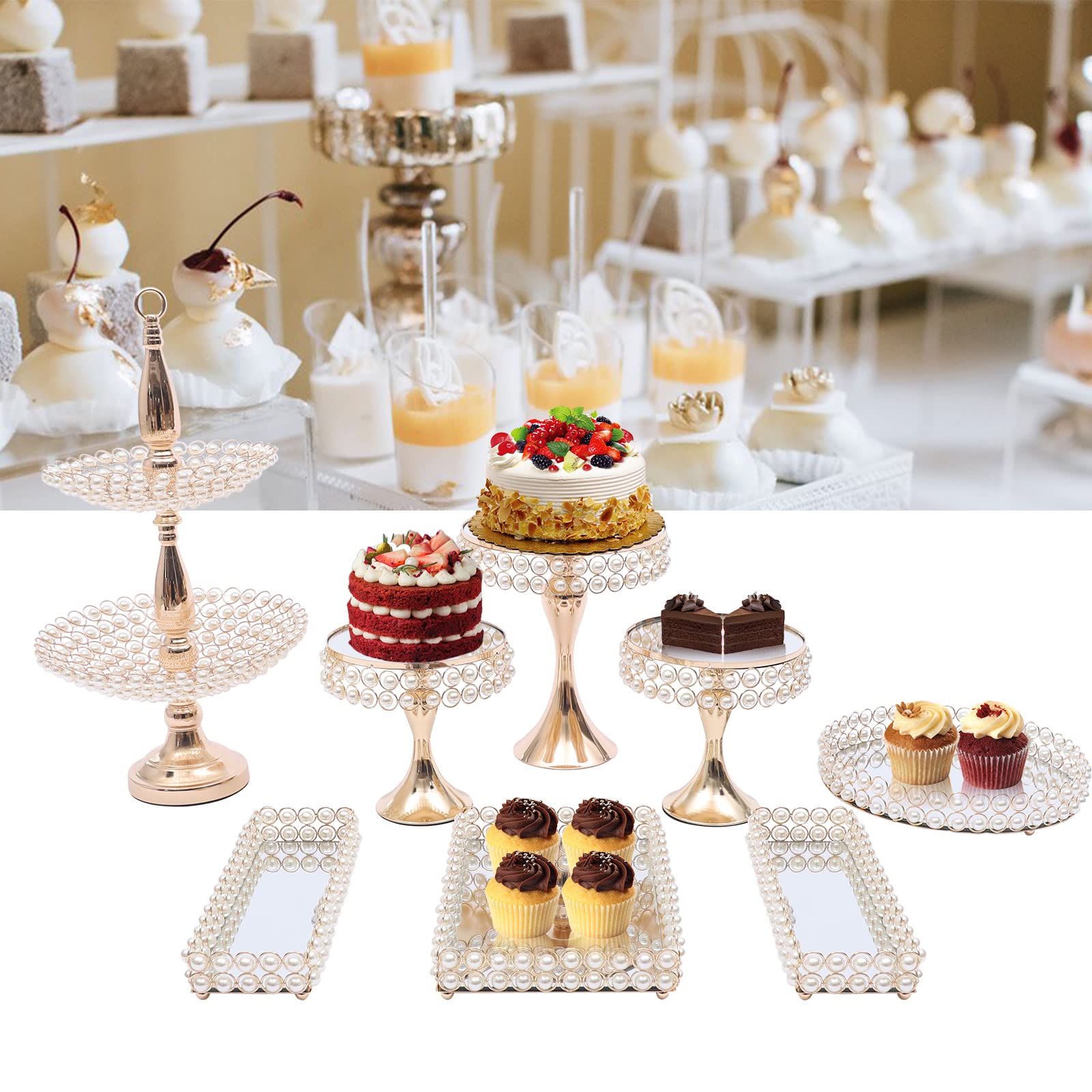 DNYSYSJ 8pcs Cake Stand Set Gold Wedding Cake Stands Cupcake Display for Dessert Table Party 2-Tire Gold Beaded Tower Stand Pastry Dessert Trays