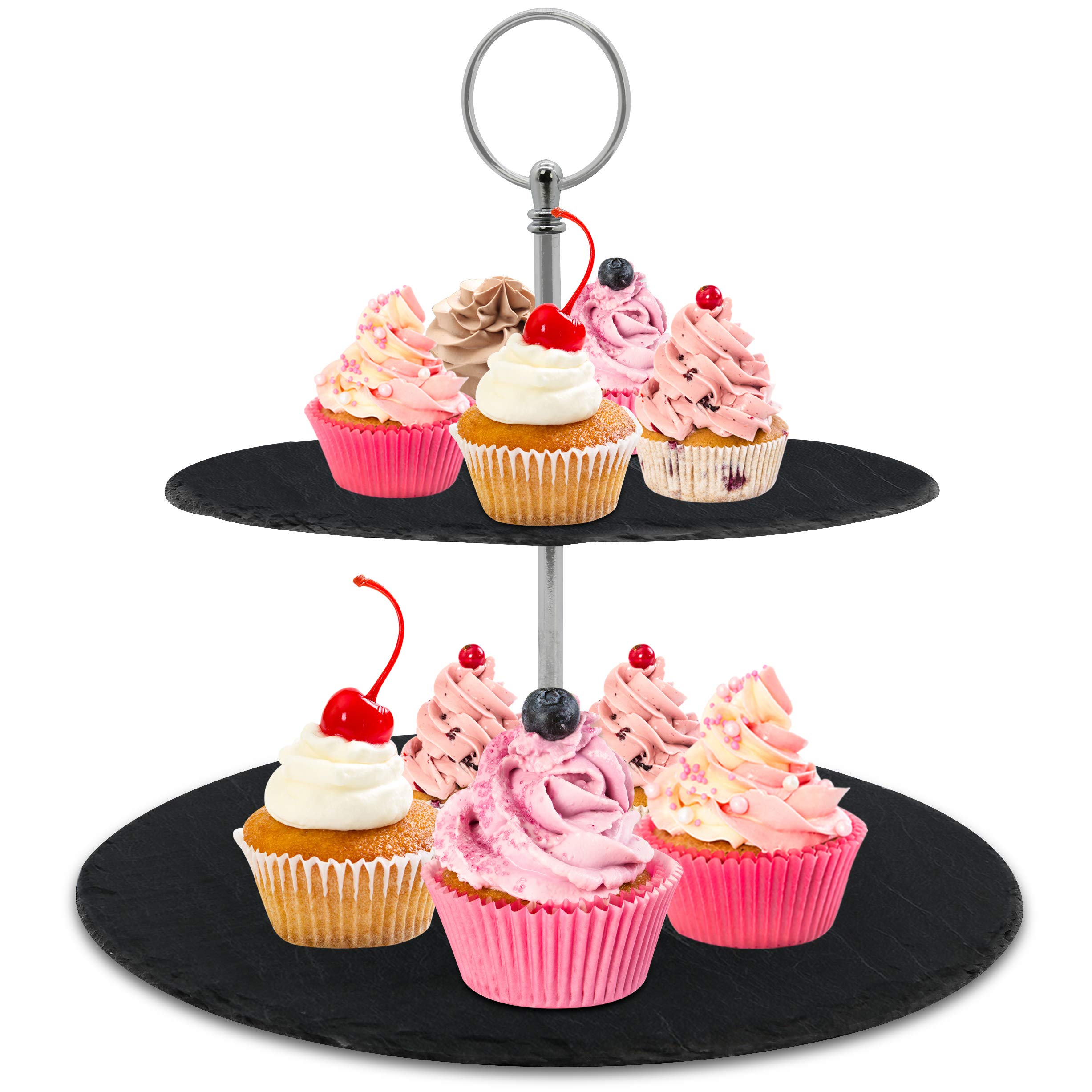 NutriChef Two Tier Slate Cake Stand-Round Multi Level Tray Serving Plate,Cupcake Holder Display,Dessert Tower,Fruit Platter w/Stainless Steel Rods and Handle,for Wedding,Birthday