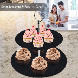 NutriChef Two Tier Slate Cake Stand-Round Multi Level Tray Serving Plate,Cupcake Holder Display,Dessert Tower,Fruit Platter w/Stainless Steel Rods and Handle,for Wedding,Birthday