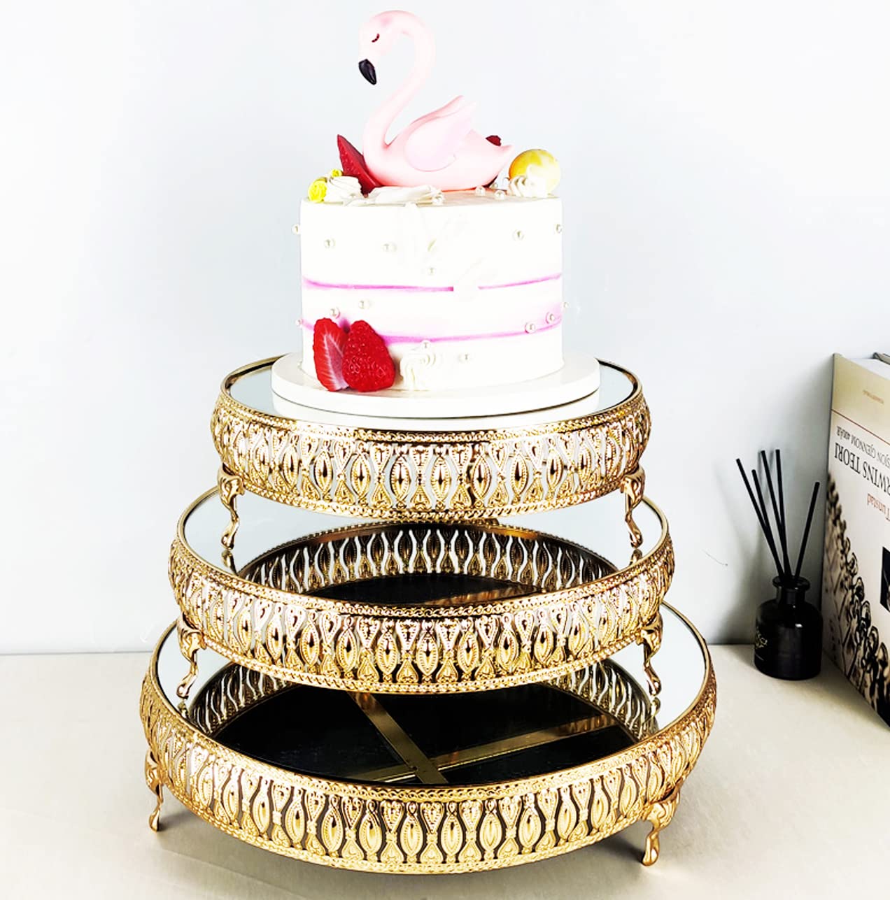 13 Inches 33cm Gold Round Mirror Cake Stand Cupcake Stands Metal Pedestal Holder with Crystals, Party Dessert Cheese Display Plate for Wedding Party Birthday Baby Shower Celebration Home Decoration