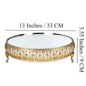 13 Inches 33cm Gold Round Mirror Cake Stand Cupcake Stands Metal Pedestal Holder with Crystals, Party Dessert Cheese Display Plate for Wedding Party Birthday Baby Shower Celebration Home Decoration