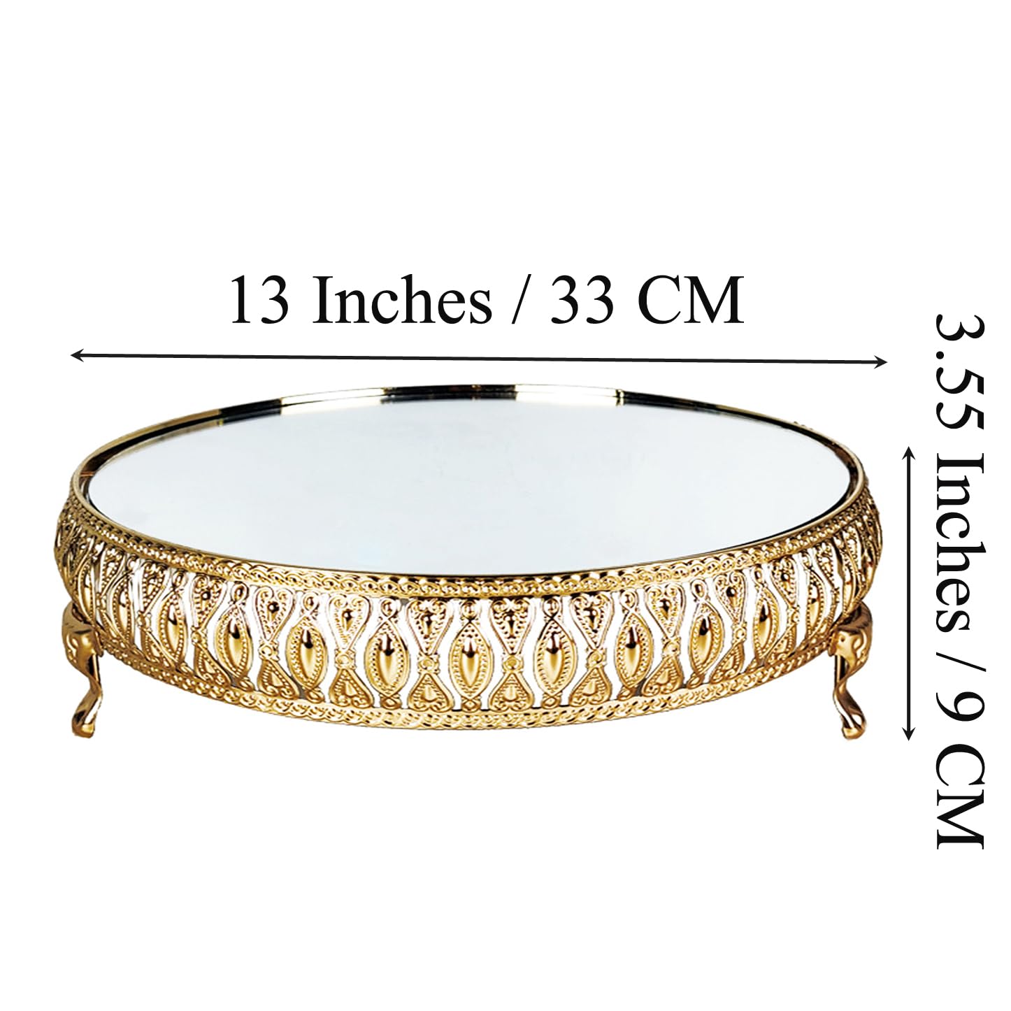 13 Inches 33cm Gold Round Mirror Cake Stand Cupcake Stands Metal Pedestal Holder with Crystals, Party Dessert Cheese Display Plate for Wedding Party Birthday Baby Shower Celebration Home Decoration