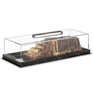 Gold Valley Rectangular Cake Tray, Cake Plate Dish with Lucite Display Cover Lid, Dessert Holder Tray, Cake Stand, Grey Marble Rectangle Cake Platter with Lucite Cover, Pastry Base (Black)