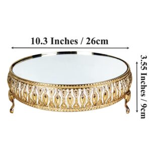 10 Inches 26cm Gold Round Mirror Cake Stand Cupcake Stands Metal Pedestal Holder with Crystals, Party Dessert Cheese Display Plate for Wedding Party Birthday Baby Shower Celebration Home Decoration