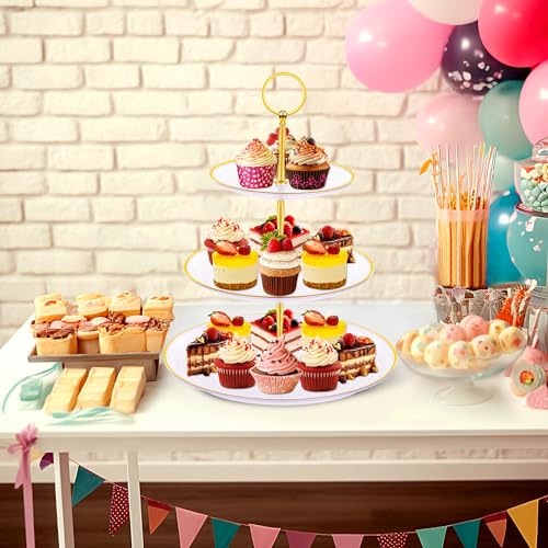 PinCute Cupcake Stand Holder - 3 Tier Cup Cake Dessert Tower, Plastic Tiered Serving Tray&Metal Rod for Birthday Party, Baby Shower and More